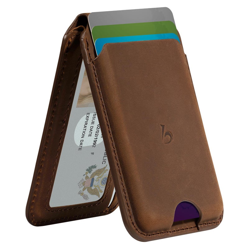 Belemay Strong Magnetic Wallet for MagSafe with Adjustable Stand, Crazy Horse Leather Card Holder, Up to 5 Cards, RFID Blocking, Slim for iPhone 17/16/15/14/13/12 Series Men & Women - Vintage Brown - Image 1
