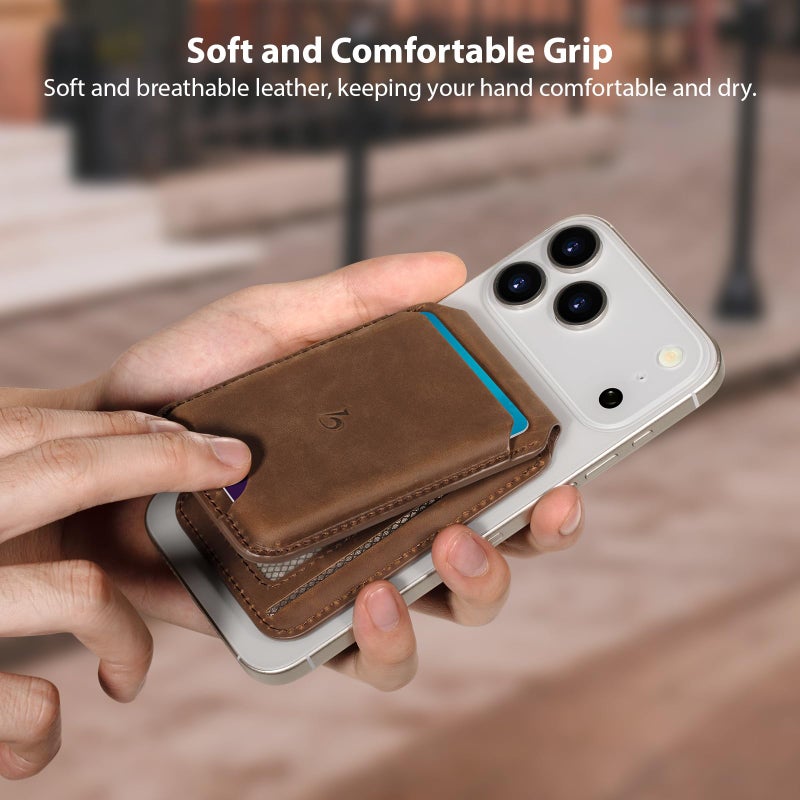 Belemay Strong Magnetic Wallet for MagSafe with Adjustable Stand, Crazy Horse Leather Card Holder, Up to 5 Cards, RFID Blocking, Slim for iPhone 17/16/15/14/13/12 Series Men & Women - Vintage Brown - Image 3