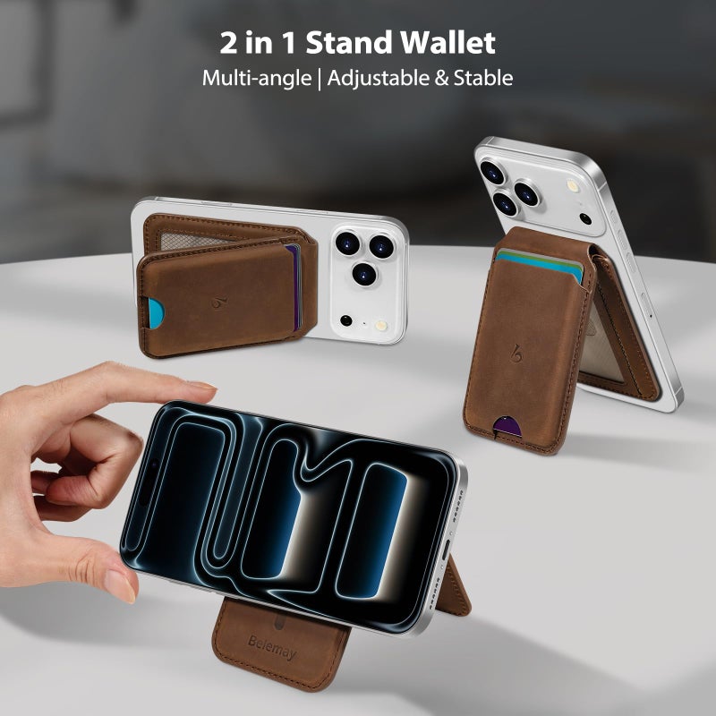 Belemay Strong Magnetic Wallet for MagSafe with Adjustable Stand, Crazy Horse Leather Card Holder, Up to 5 Cards, RFID Blocking, Slim for iPhone 17/16/15/14/13/12 Series Men & Women - Vintage Brown - Image 5
