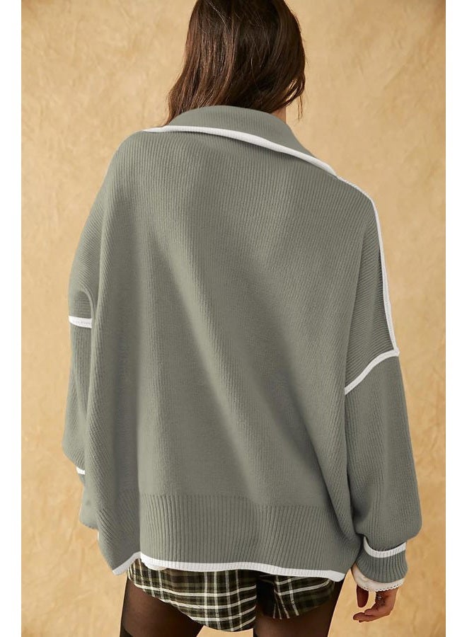 SAUKOLE Womens Sweaters Causal Crewneck Batwing Sleeve Knit Top Side Split Oversized Fall Fashion Pullover Sweater Loose Jumper, 11#greenwhite, S - Image 3