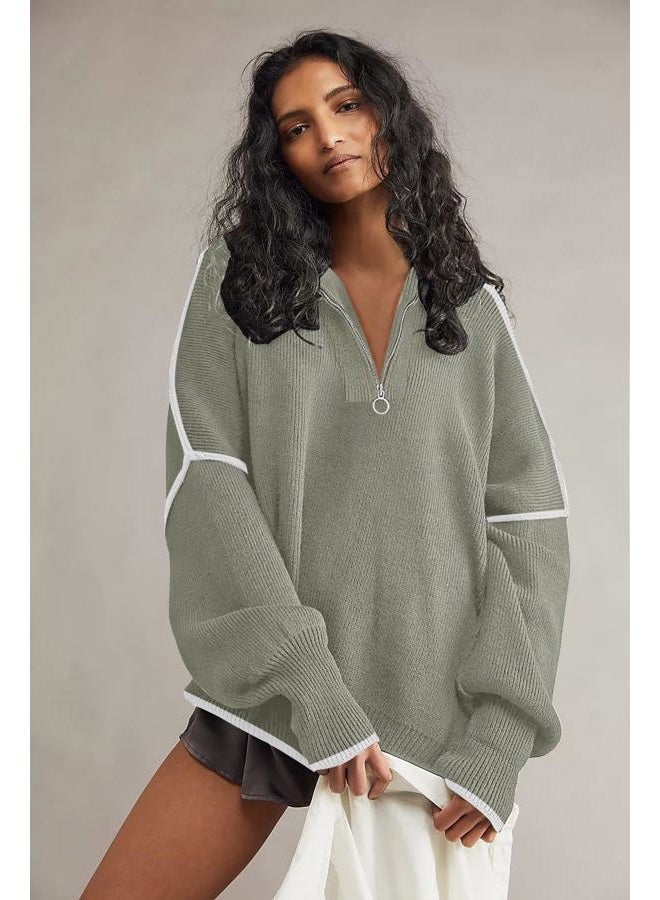 SAUKOLE Womens Sweaters Causal Crewneck Batwing Sleeve Knit Top Side Split Oversized Fall Fashion Pullover Sweater Loose Jumper, 11#greenwhite, S - Image 2