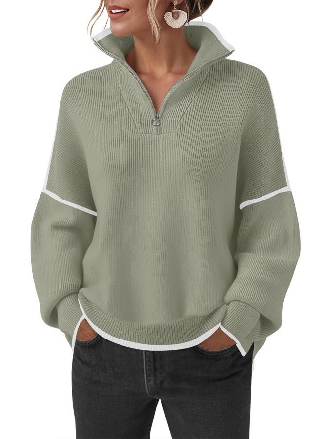 SAUKOLE Womens Sweaters Causal Crewneck Batwing Sleeve Knit Top Side Split Oversized Fall Fashion Pullover Sweater Loose Jumper, 11#greenwhite, S - Image 1