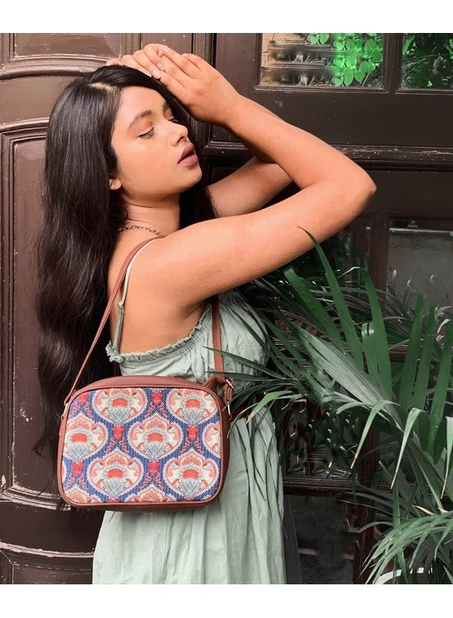 ZOUK حقيبة زوك السلينج | حقائب كروس بودي للنساء | حقائب يد نسائية | أنيقة | حقيبة مسائية من جلد نباتي | للاستخدام في السفر والمكتب | محفظة وحقيبة | طباعة كوفيل زرقاء - Image 2