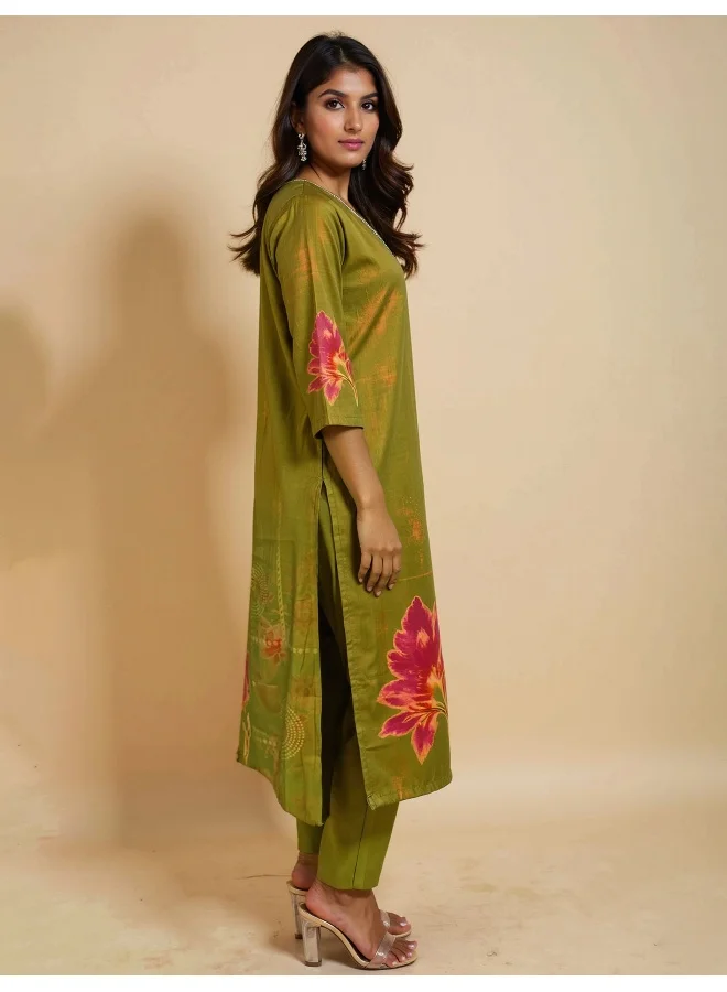 trueBrowns trueBrowns Green Floral Print Kurta Pant Dupatta Set