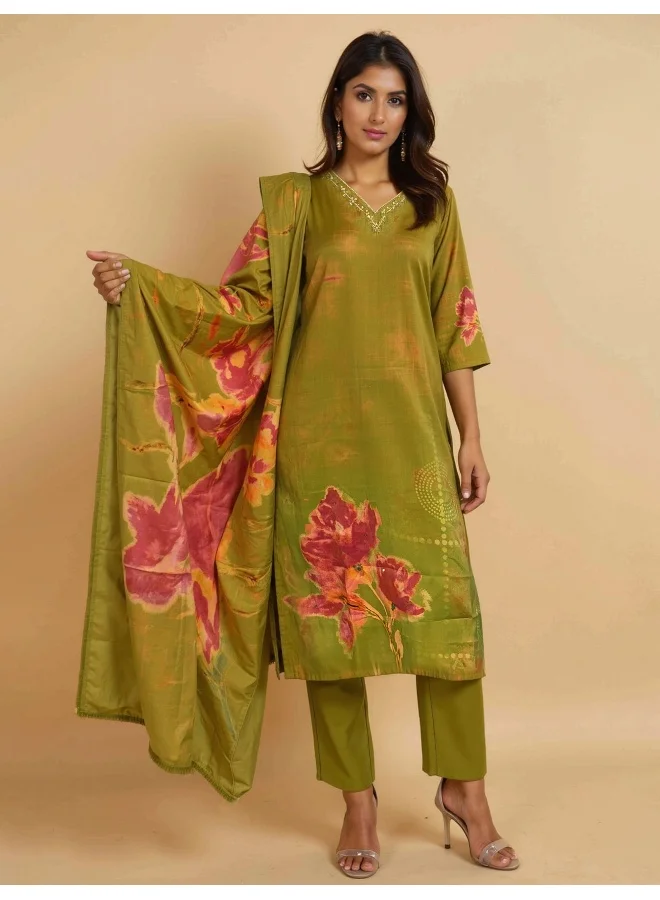 trueBrowns trueBrowns Green Floral Print Kurta Pant Dupatta Set