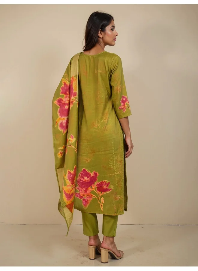 trueBrowns trueBrowns Green Floral Print Kurta Pant Dupatta Set