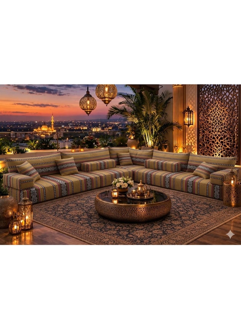Xboat Arabic Majlis Floor Sofa Set, L-Shaped Sectional, Striped Fabric, Bohemian Style, Indoor Outdoor Seating - Image 1