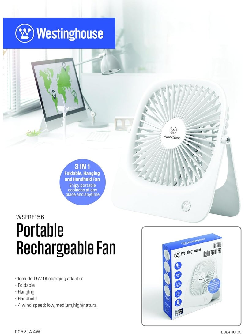 Westinghouse Westinghouse Portable USB Fan – 4 Speed Rechargeable Battery Operated Desk Fan, 3-in-1 Compact Design, Quiet Air Circulator for Home, Office, Travel – 144mm x 181mm  - Image 2