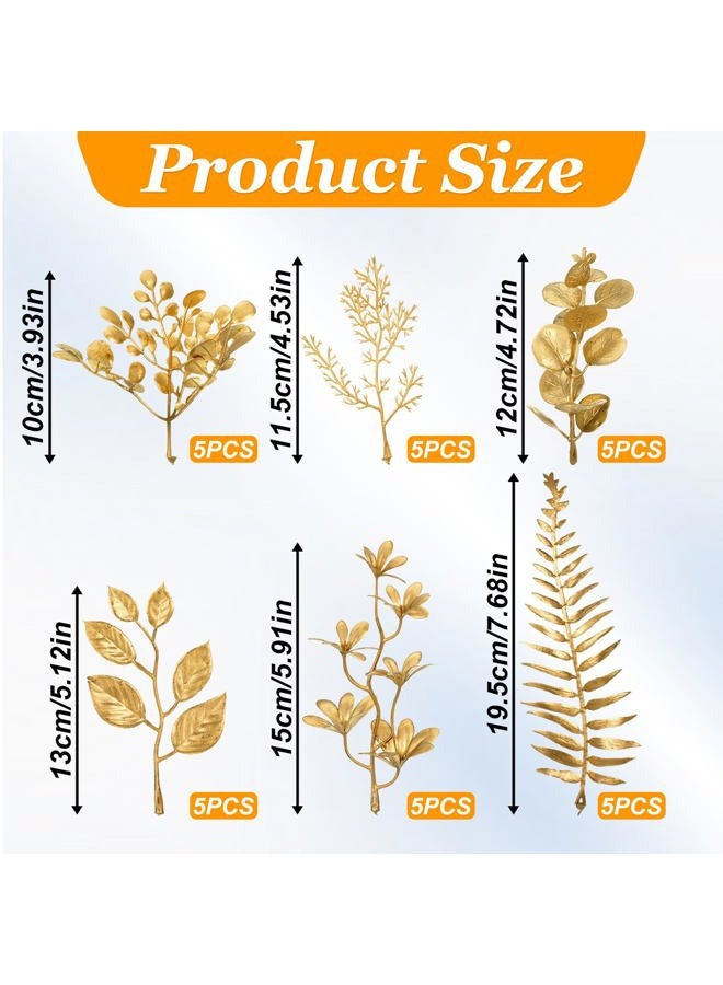 Lnngub 30 Pcs Gold Leaves Artificial Flowers Mini Simulation Gold Eucalyptus Stems Cedar Elm Leaves Grass Stems for Wedding Picks Decoration Centerpieces DIY Wreath Crafts Christmas Tree Filler - Image 2