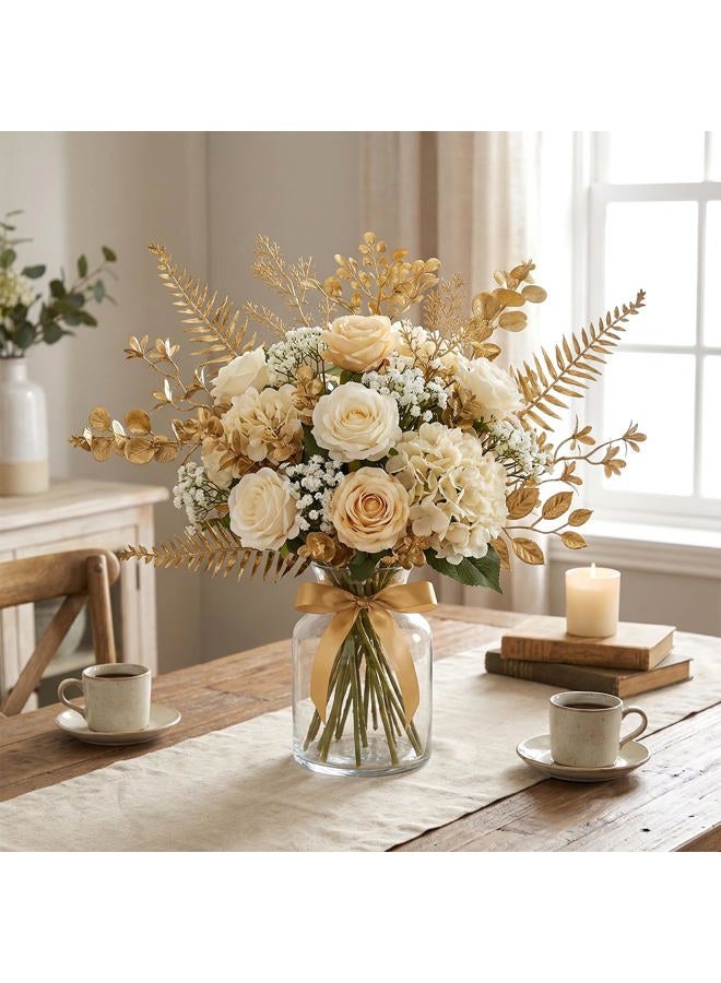 Lnngub 30 Pcs Gold Leaves Artificial Flowers Mini Simulation Gold Eucalyptus Stems Cedar Elm Leaves Grass Stems for Wedding Picks Decoration Centerpieces DIY Wreath Crafts Christmas Tree Filler - Image 3