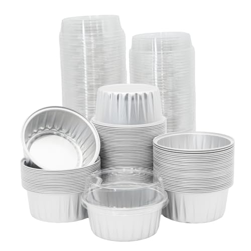 Wuyituart 100 Pack 5oz Aluminum Cups with Lids Mini Tins Flan Containers with Lids Cupcake Baking Holders, Silver - Image 1