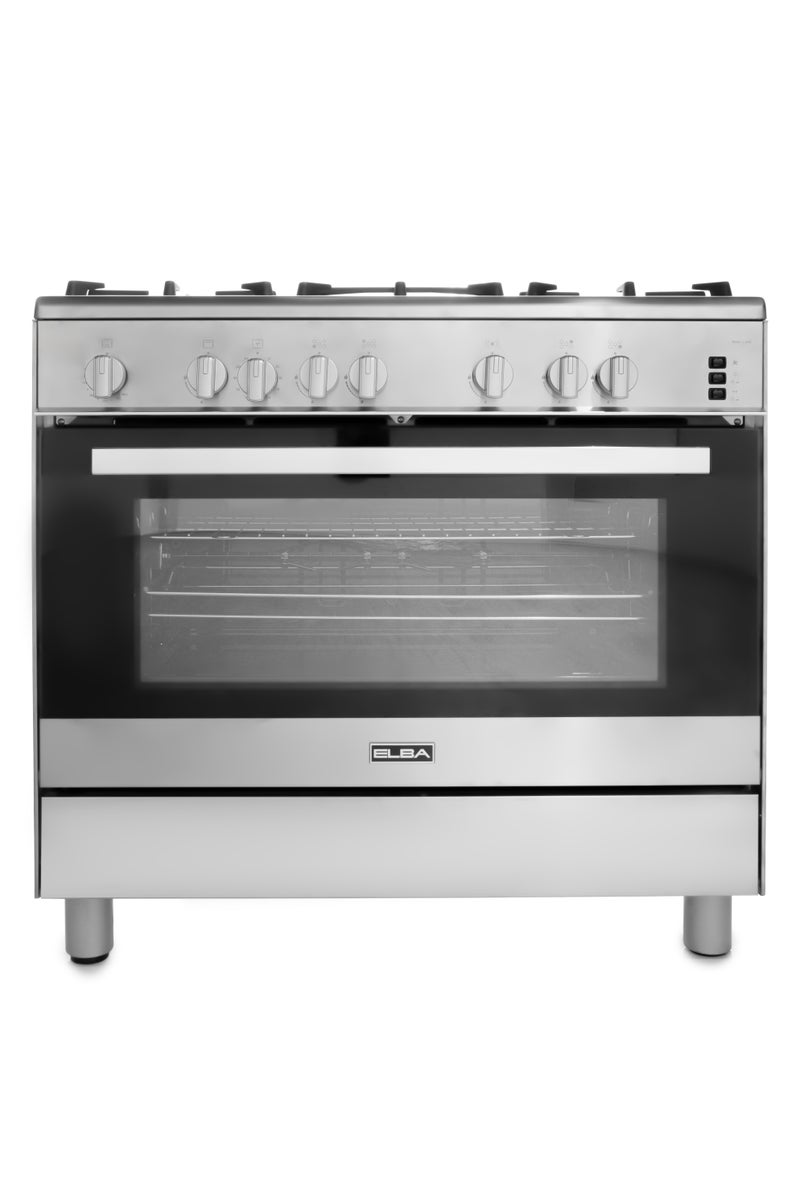 ELBA - 90cm Stainless Steel Gas Cooking Range - Double Ring Burner 5 Zone Cooktop - Auto Ignite - Oven with Grill + Rotisserie - 120' Timer - Knob Control - Cooling Fan + Dishwarmer - Italian Technology - Image 1