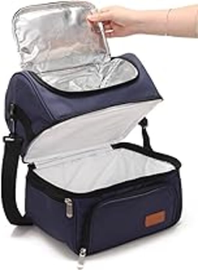 Dual Compartment Lunch Bag Tote with Shoulder Strap for Men and Women Insulated Leakproof Cooler Bag, Black 2PCS 
