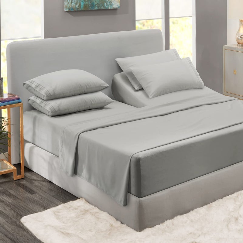 Clara Clark Clara Clark Flex Top King Sheets 6 Piece Set  Hotel Luxury Sheets for Top Split King Bed Super Soft Bedding Set Head Split King Silver 
