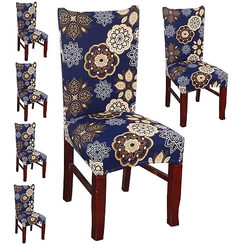 Styleys Classic Elastic Stretch Removable Washable Polyester Blend Short Dining Chair Cover Protector -Set of 6, (SD08 Blue Geometry Flower) - Image 1