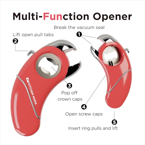 Kitchen Mama Epic One Multifunction Opener: Magnetic Bottle Opener, Beer Soda Opener, Effortless Jar Lid Opener for Seniors and Elderly with weak Hands and Arthritis, Essential Kitchen Gadget (Red) - Image 2