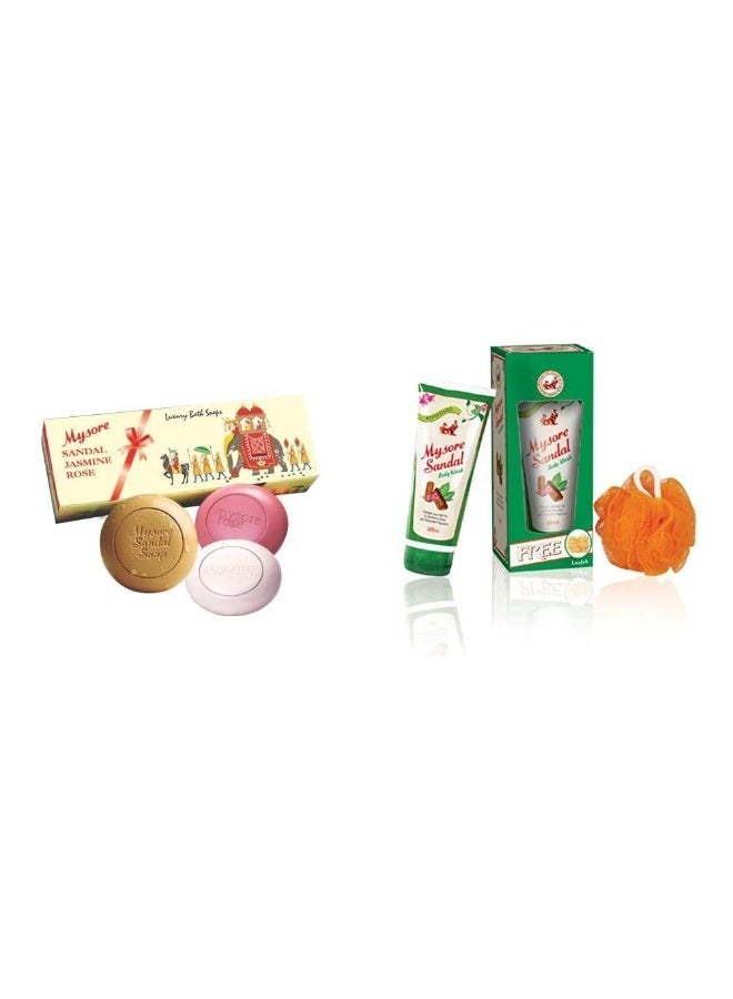 مايسور صندل صابون "مايسور صندل" (Mysore Sandal) بخلاصة خشب الصندل والياسمين والورد، 450 جم (عبوة من 3 قطع)، وغسول الجسم "مايسور صندل"، 200 مل مع ليفة مجانية. - Image 1