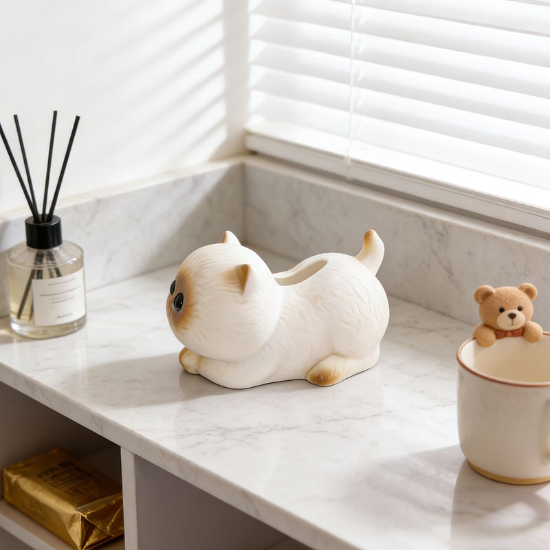 High-End PVC Siamese Cat Tissue Box Milky White CPL 120 Desktop Decoration - Image 1