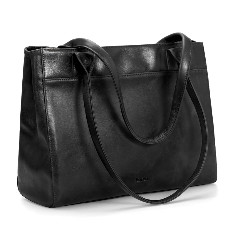 befen Genuine Leather Tote Bag for Women Small Black Work Tote Bag with Zipper Soft Leater Purse with Multi Compartments Work Handbag for Travel Designer Womens Purses and Handbags for Everyday - Image 1