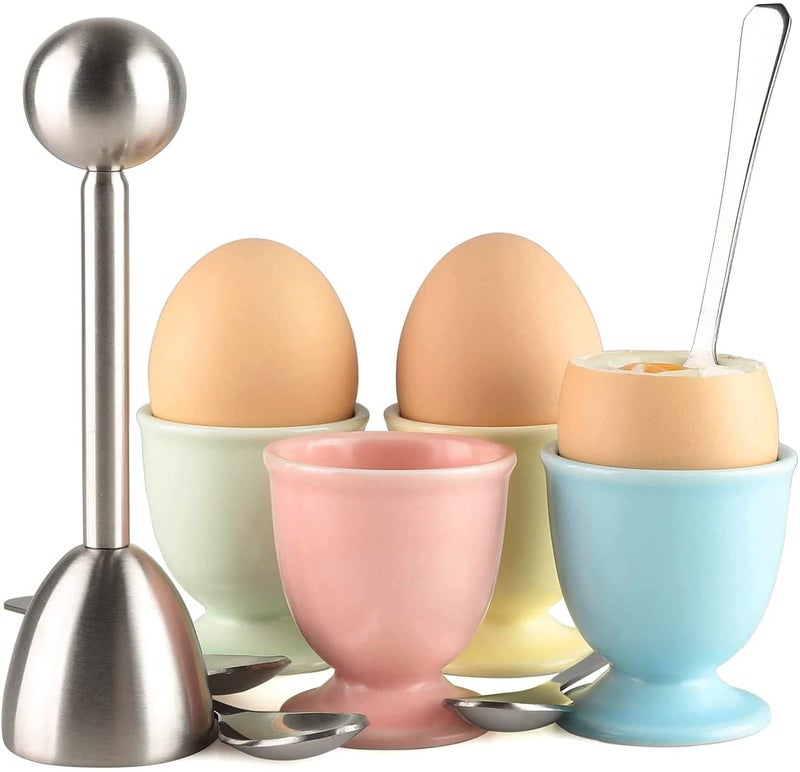 Ceramic Egg Cup Egg Cracker Topper Set for Soft Hard Boiled Eggs Shell Removal Includes 1 Egg Cutter 4 Ceramic Egg Cups and 4 Spoons Egg Cracker Topper Set