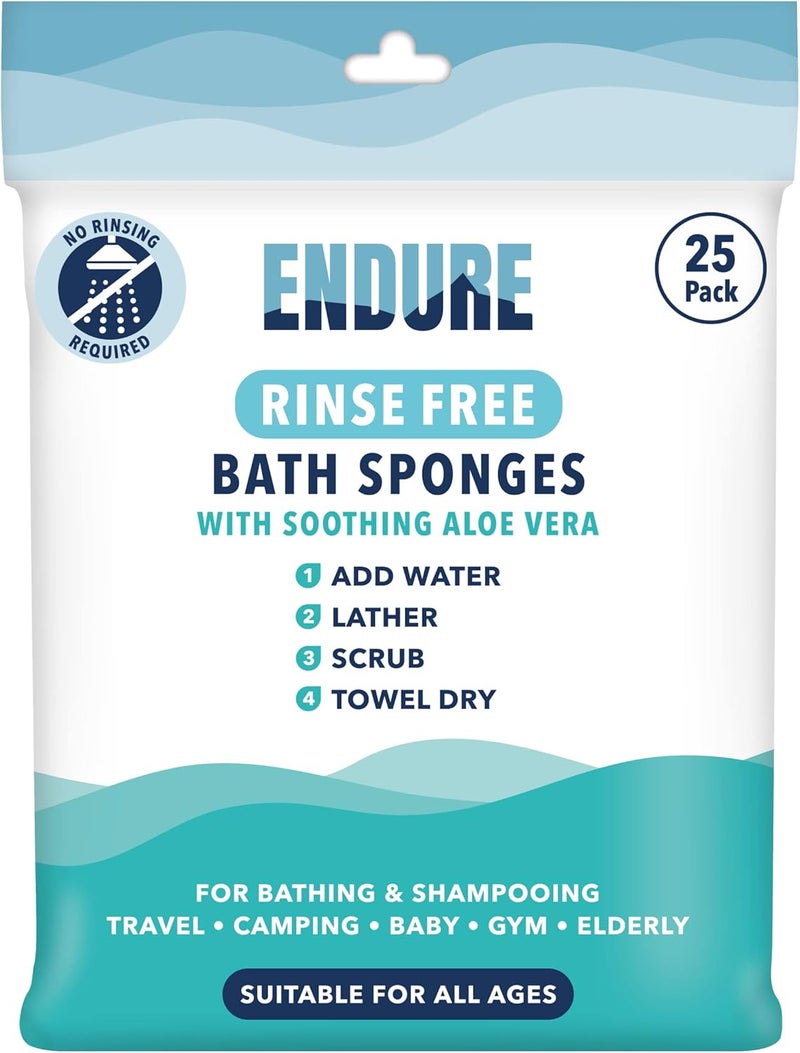 Endure Rinse Free Bath Shower Sponge Body Wash Wipes for Bathing Perfect for Camping Festivals Gym and Travel Dry Sponge Wipes with Gentle Cleansing Soap Just add Water 25 Per Pack