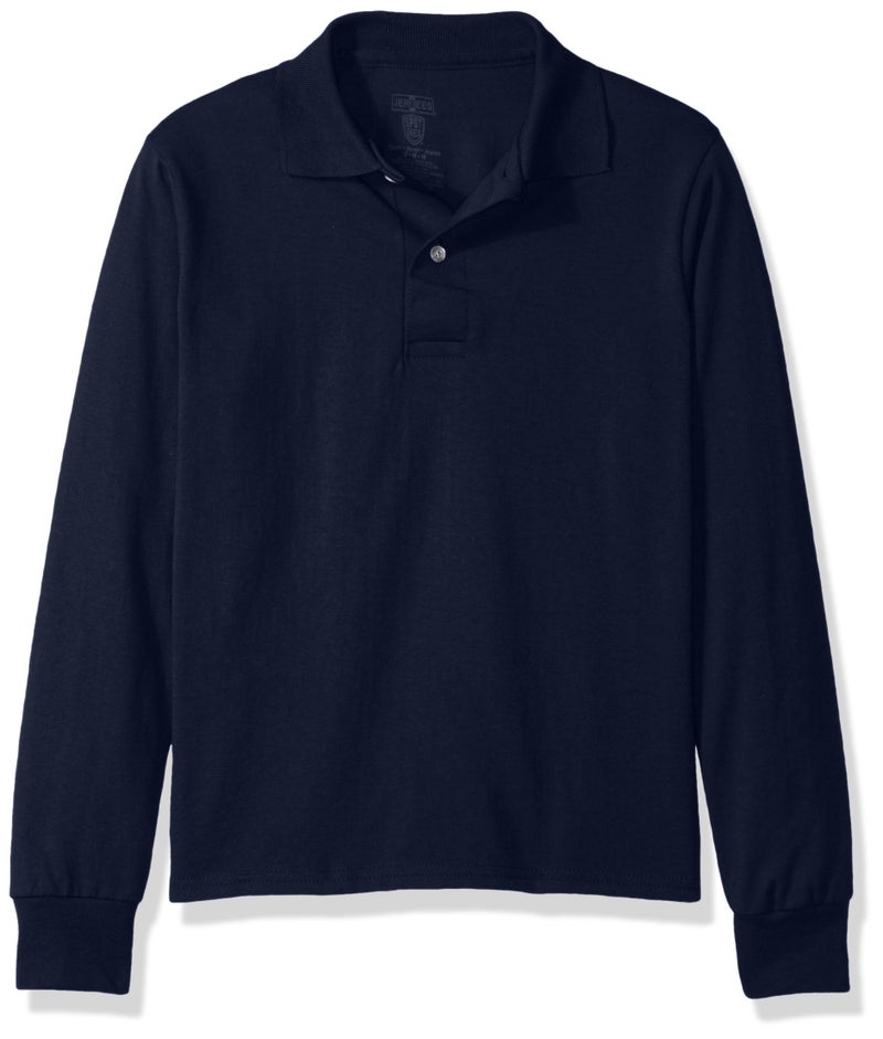 Jerzees Boys' Big Spot Shield Long Sleeve Polo Sport Shirt, Navy, Medium - Image 1
