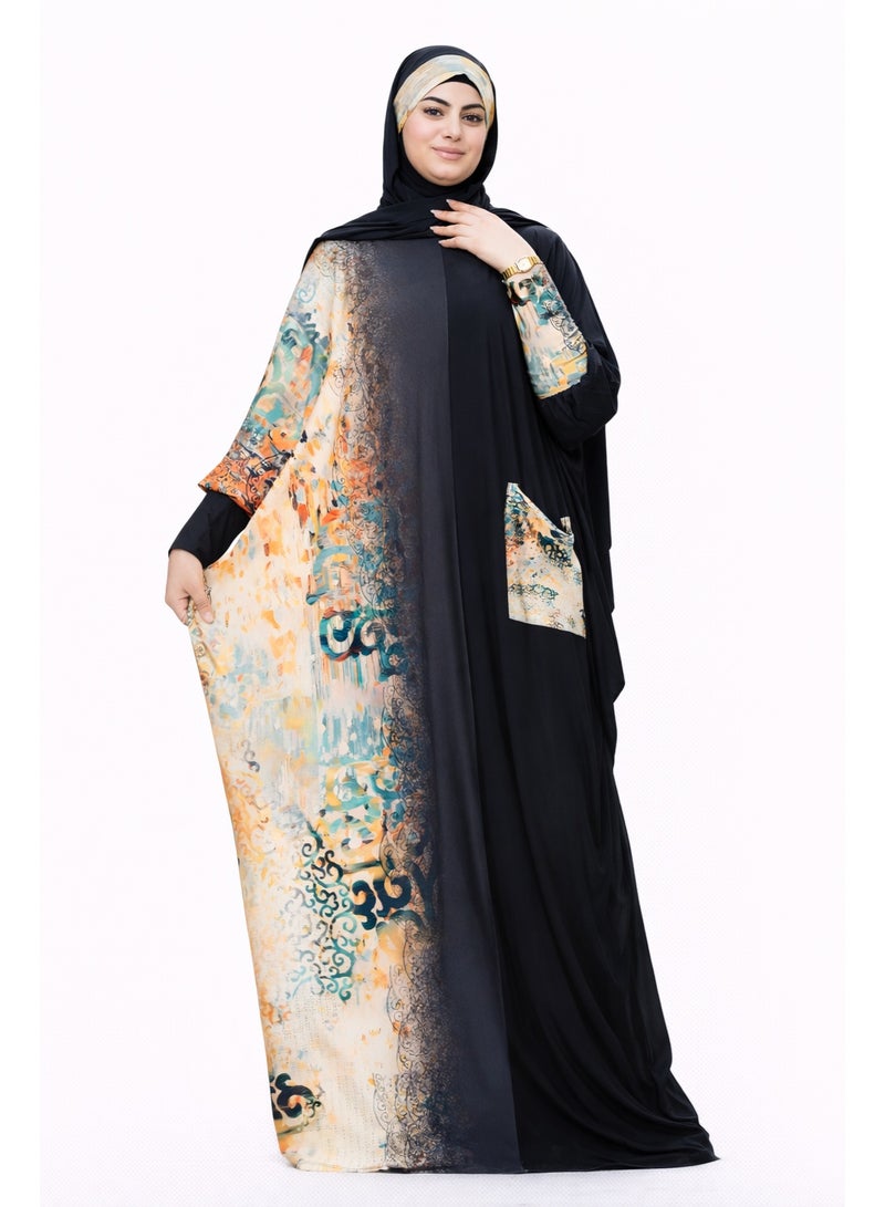 SATR HIJABI Women Printed Isdal Prayer Set – Full Coverage 2-Piece Prayer Outfit with Pocket, Soft Breathable Modest Islamic Wear Black Beige Multi Color - Image 1