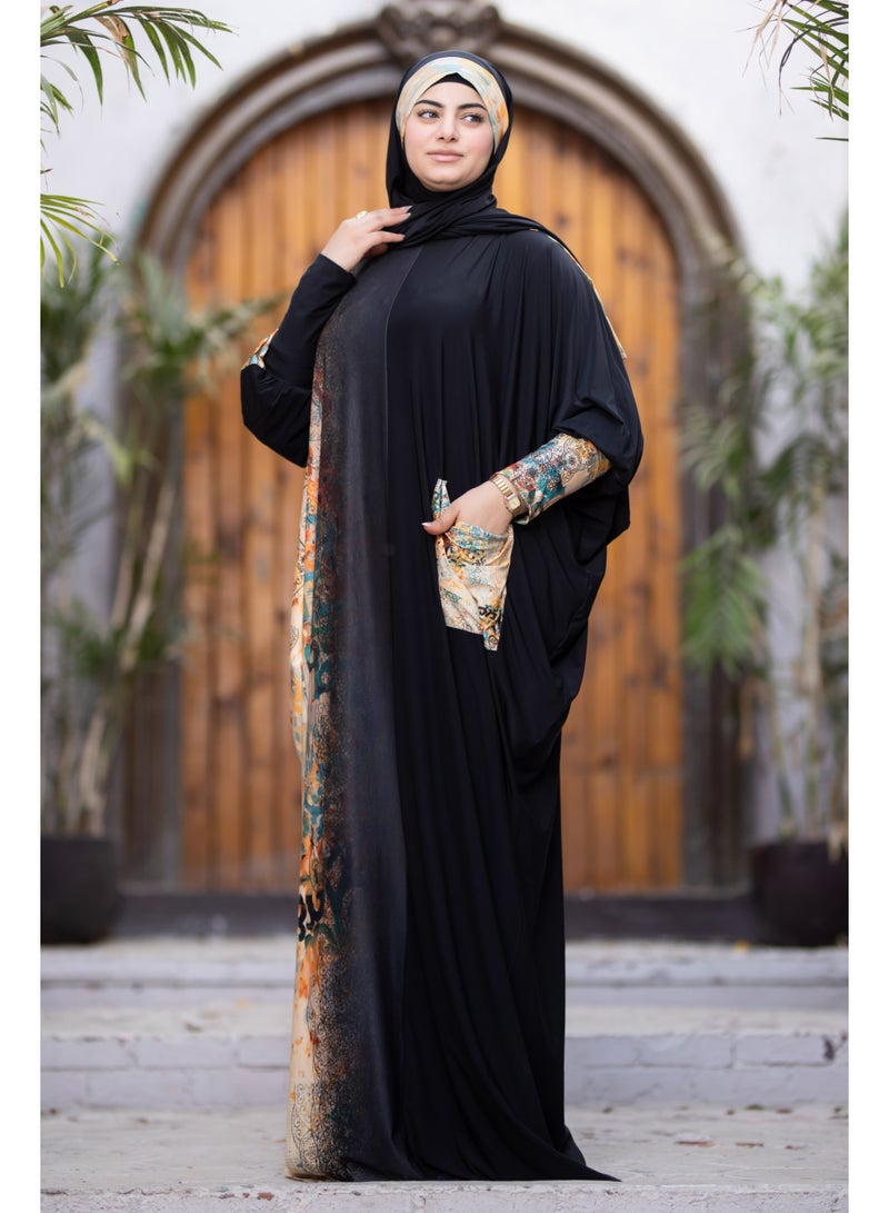 SATR HIJABI Women Printed Isdal Prayer Set – Full Coverage 2-Piece Prayer Outfit with Pocket, Soft Breathable Modest Islamic Wear Black Beige Multi Color - Image 4