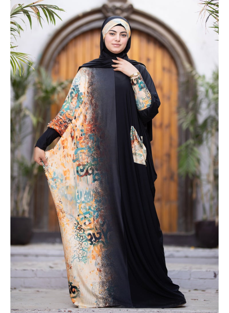 SATR HIJABI Women Printed Isdal Prayer Set – Full Coverage 2-Piece Prayer Outfit with Pocket, Soft Breathable Modest Islamic Wear Black Beige Multi Color - Image 2
