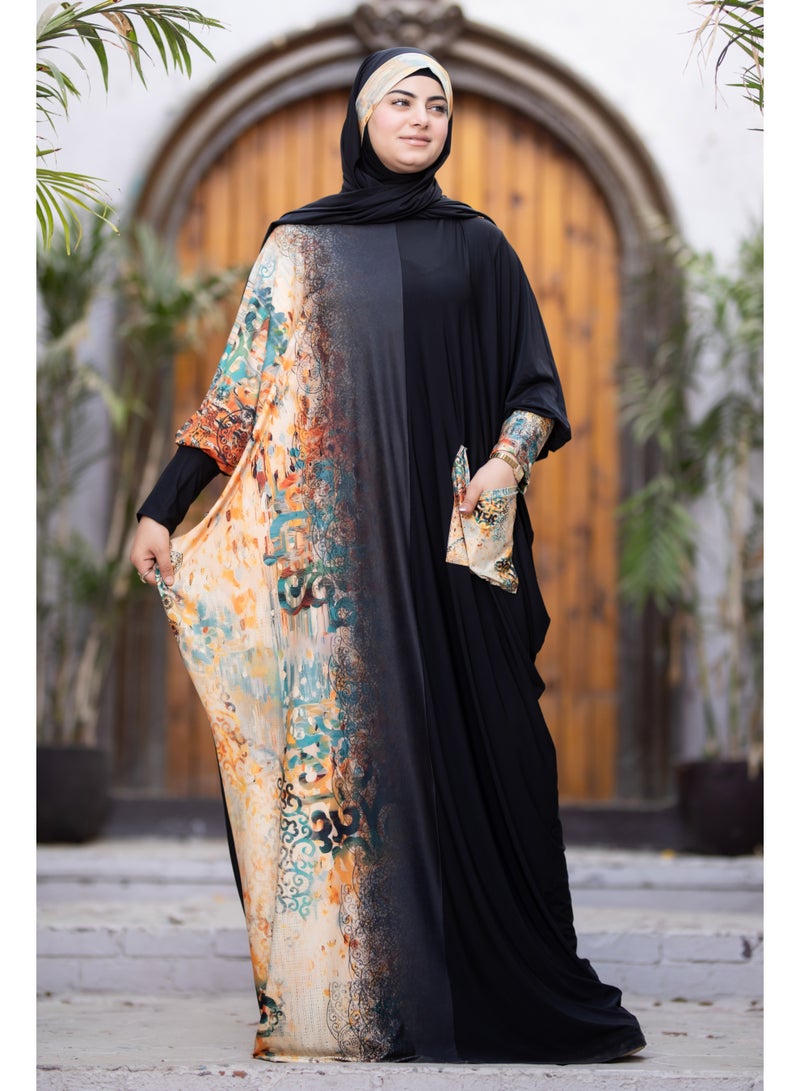SATR HIJABI Women Printed Isdal Prayer Set – Full Coverage 2-Piece Prayer Outfit with Pocket, Soft Breathable Modest Islamic Wear Black Beige Multi Color - Image 3