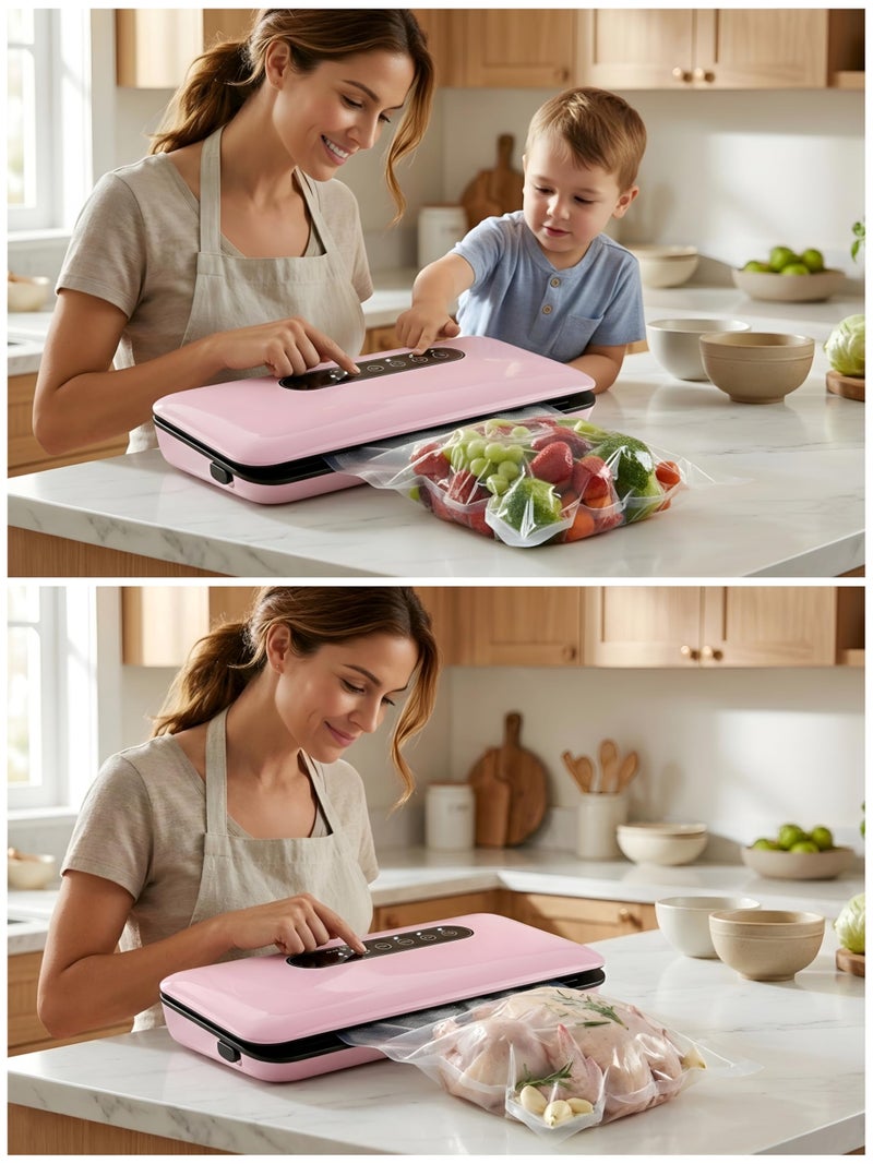 Vacuum Sealer with 5 Bags, Vacuum Food Preservator, Touch Screen Automatic Bag Sealer, Dry and Wet Modes for Preserving Meat, Vegetables, Fruits, Compact Design for Kitchen, Pink - Image 4