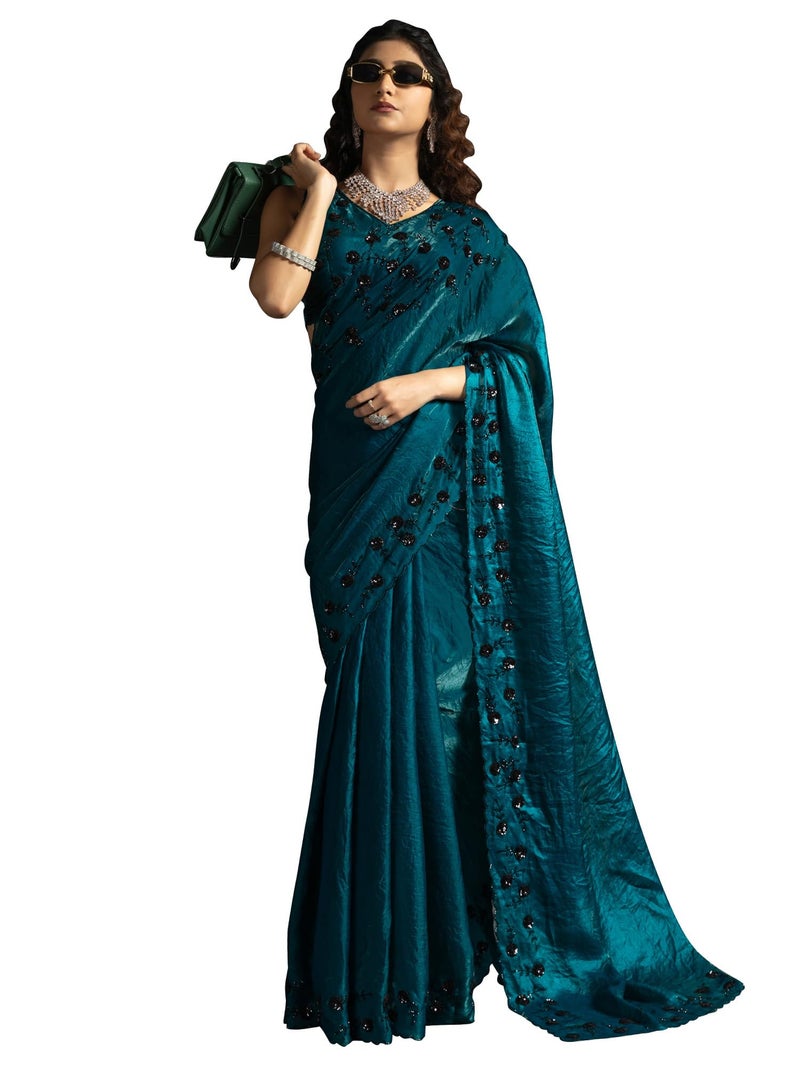 saree mall ساري مول للنساء - ساتان حرير ب sequins باللون الأزرق الفيروزي مع قطعة بلوزة غير مخيطة (MORPNKH1099C_MK) - Image 1