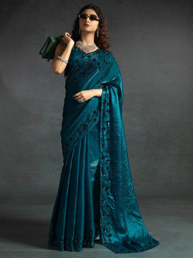 saree mall ساري مول للنساء - ساتان حرير ب sequins باللون الأزرق الفيروزي مع قطعة بلوزة غير مخيطة (MORPNKH1099C_MK) - Image 3