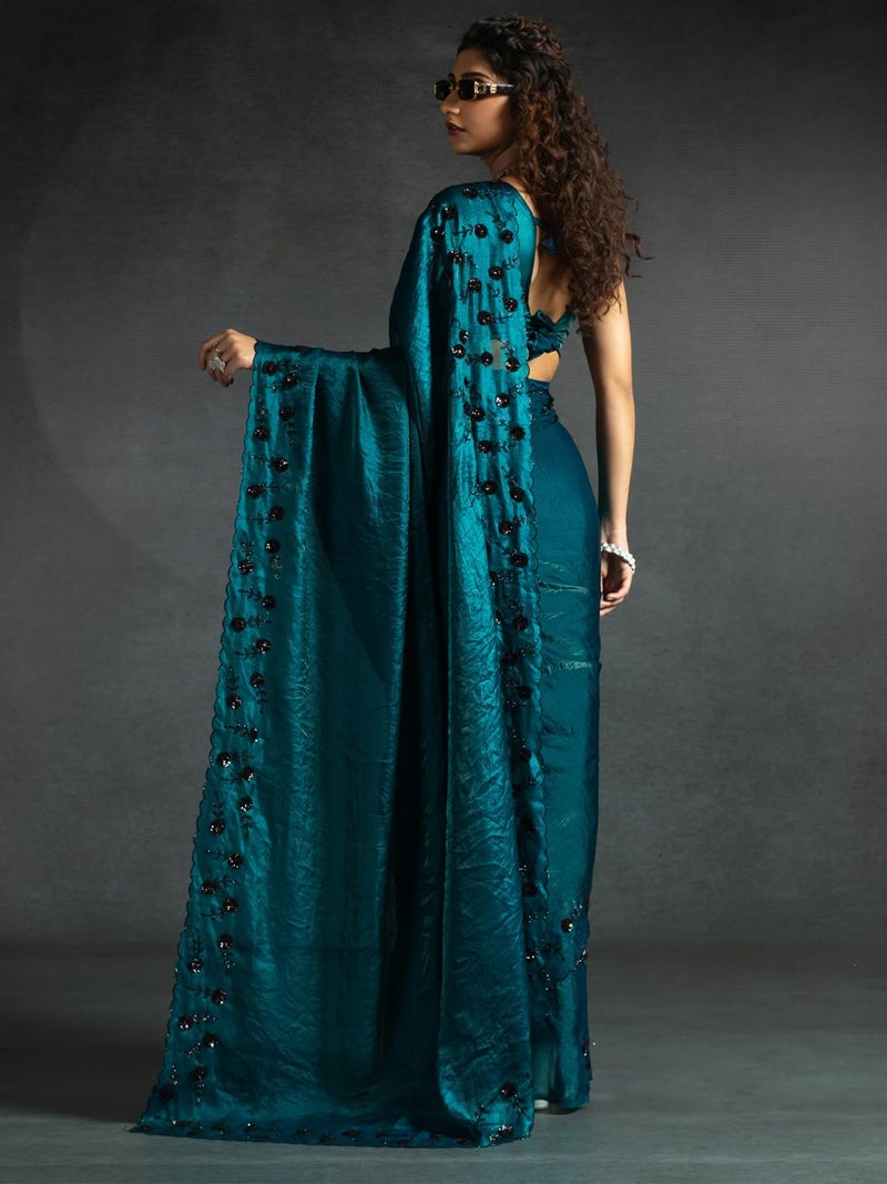 saree mall ساري مول للنساء - ساتان حرير ب sequins باللون الأزرق الفيروزي مع قطعة بلوزة غير مخيطة (MORPNKH1099C_MK) - Image 2