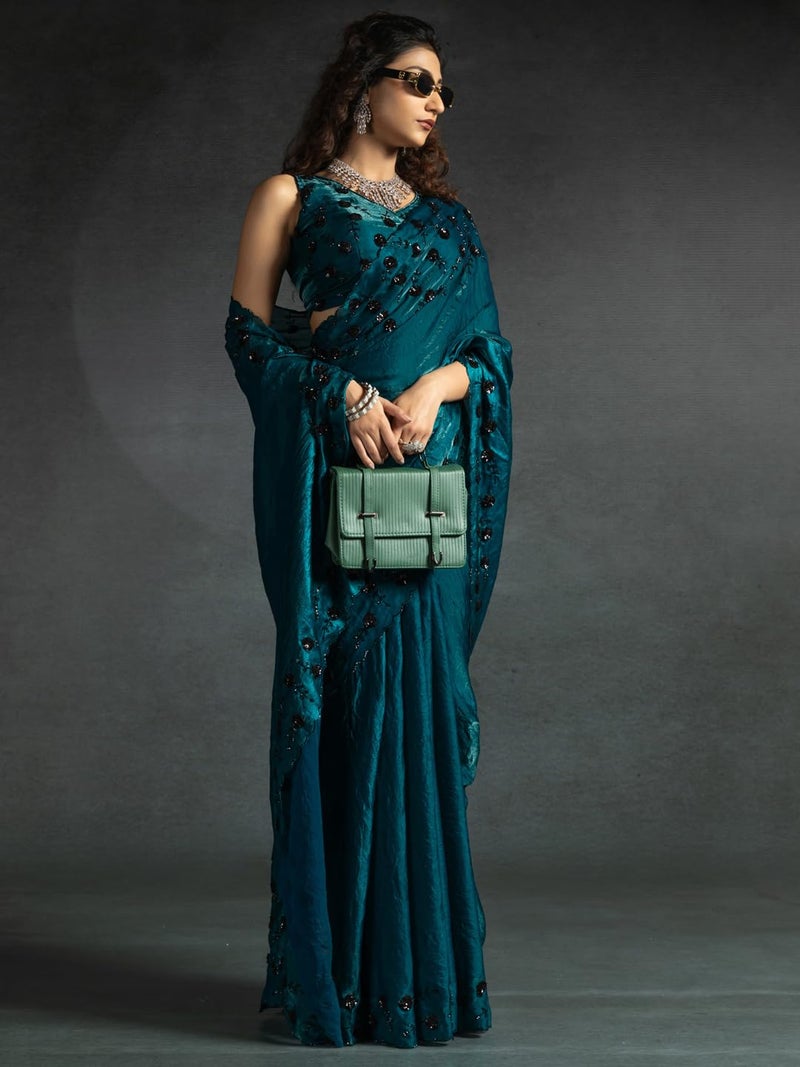 saree mall ساري مول للنساء - ساتان حرير ب sequins باللون الأزرق الفيروزي مع قطعة بلوزة غير مخيطة (MORPNKH1099C_MK) - Image 4