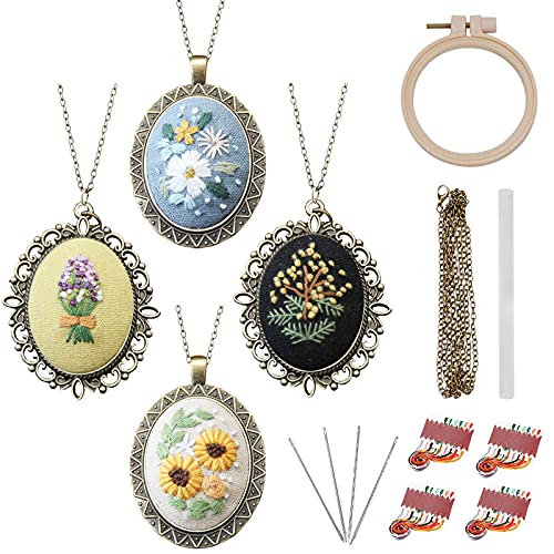 ZOCONE 4 Packs Embroidery Necklace Kits, Embroidery Pendant Kit Mini Cross Stitch Kit with Hoop, Necklace, Pendant, Stamped Pattern Cloth, Instructions, etc., Embroidery Kits for Adults - Image 1
