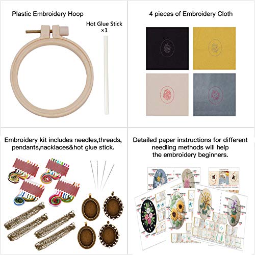 ZOCONE 4 Packs Embroidery Necklace Kits, Embroidery Pendant Kit Mini Cross Stitch Kit with Hoop, Necklace, Pendant, Stamped Pattern Cloth, Instructions, etc., Embroidery Kits for Adults - Image 2