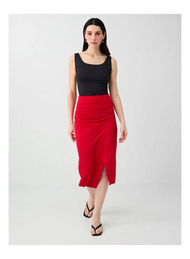 Jimmy Key Red Slit Detailed Draped Midi Knit Skirt.