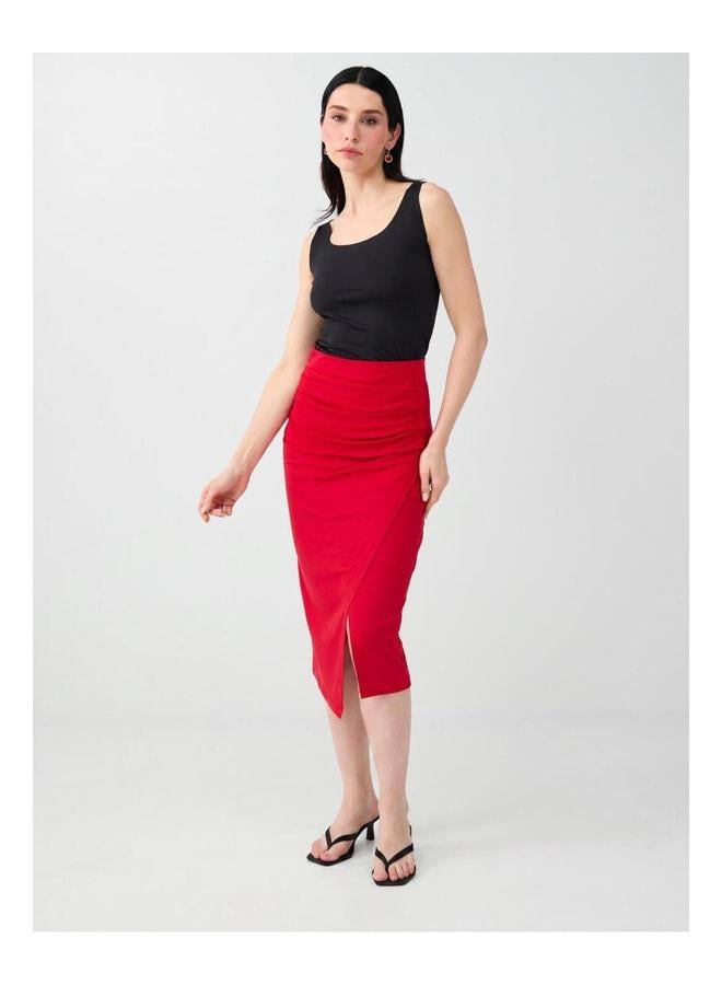 Jimmy Key Red Slit Detailed Draped Midi Knit Skirt. - Image 3