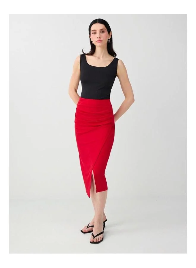 Jimmy Key Red Slit Detailed Draped Midi Knit Skirt.