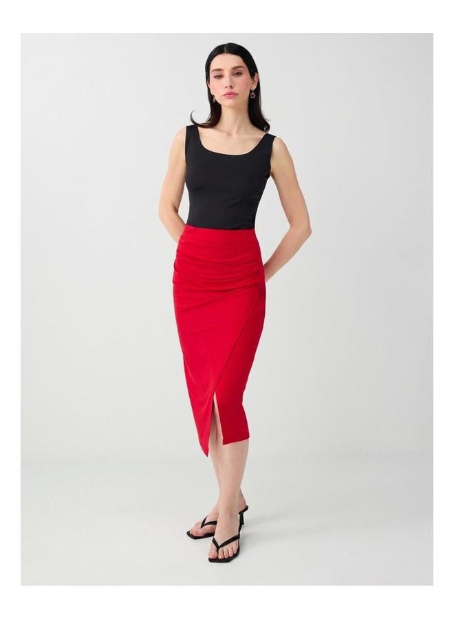Jimmy Key Red Slit Detailed Draped Midi Knit Skirt. - Image 2