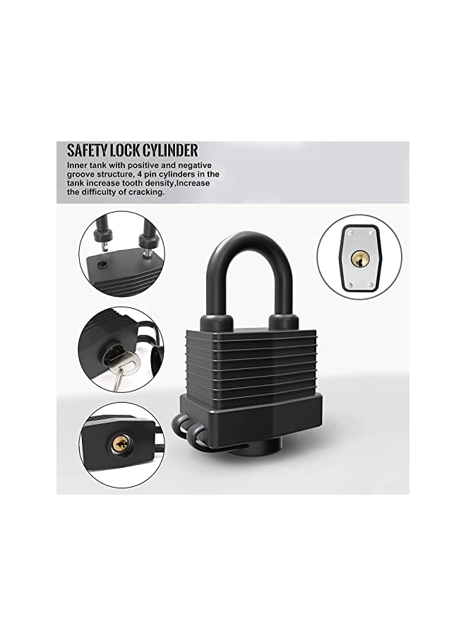PROMASS PROMASS Padlock with Key, 2 Pack, 3 Keys, Black, Weatherproof, Waterproof, Heavy Duty, Anti-Cut, Laminated Steel, Gym Locker, Garage, Fence, Shed, Yard  - Image 4