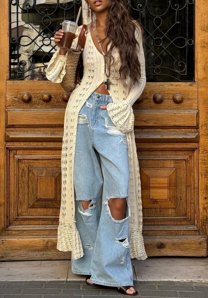 Unybwonn Women Boho Cardigan Sweater Open Front Ruffle Hollow Out Aztec Maxi Cardigans Jacket Button Down Knit Crochet Maxi Dress - Image 3