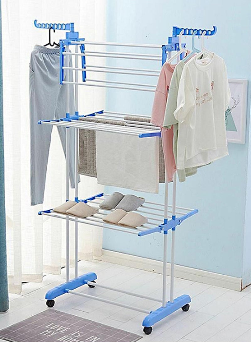 رف تجفيف الملابس رف تجفيف كبير قابل للطي من 4 طبقات رف تجفيف ملابس قابل للطي رف تجفيف ملابس متحرك مع 4 عجلات رف تجفيف ملابس متعدد الوظائف من الفولاذ المقاوم للصدأ أزرق 172*76*50 سم - Image 4