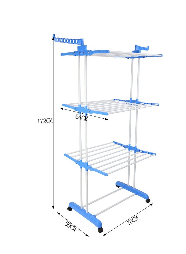 رف تجفيف الملابس رف تجفيف كبير قابل للطي من 4 طبقات رف تجفيف ملابس قابل للطي رف تجفيف ملابس متحرك مع 4 عجلات رف تجفيف ملابس متعدد الوظائف من الفولاذ المقاوم للصدأ أزرق 172*76*50 سم - Image 5