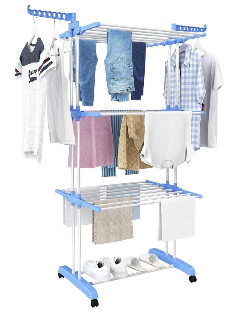 رف تجفيف الملابس رف تجفيف كبير قابل للطي من 4 طبقات رف تجفيف ملابس قابل للطي رف تجفيف ملابس متحرك مع 4 عجلات رف تجفيف ملابس متعدد الوظائف من الفولاذ المقاوم للصدأ أزرق 172*76*50 سم - Image 1