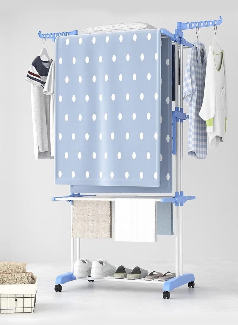 رف تجفيف الملابس رف تجفيف كبير قابل للطي من 4 طبقات رف تجفيف ملابس قابل للطي رف تجفيف ملابس متحرك مع 4 عجلات رف تجفيف ملابس متعدد الوظائف من الفولاذ المقاوم للصدأ أزرق 172*76*50 سم - Image 2
