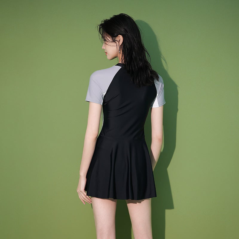 【】Color-Blocked One-Piece Swimsuit for Women, Conservative, Covers the Body, Slimming, Short-Sleeved, Skirt-Style Swimwear, High Elasticity, One-Piece, Slimming - Image 5