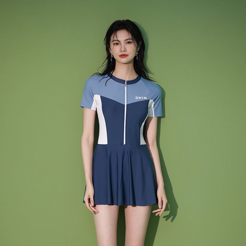 【】Color-Blocked One-Piece Swimsuit for Women, Conservative, Covers the Body, Slimming, Short-Sleeved, Skirt-Style Swimwear, High Elasticity, One-Piece, Slimming - Image 4
