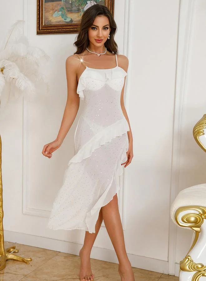 Take Two White Ruffle Detail Mesh Babydoll